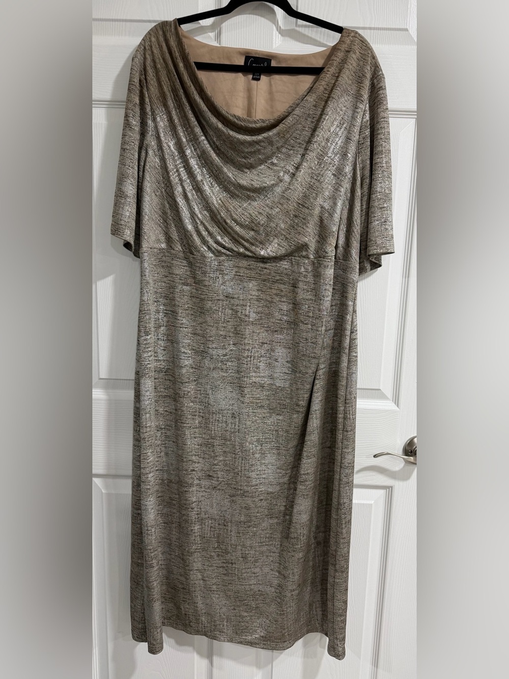 connected apparel Metallic Taupe Cowl Neck Maxi Dress